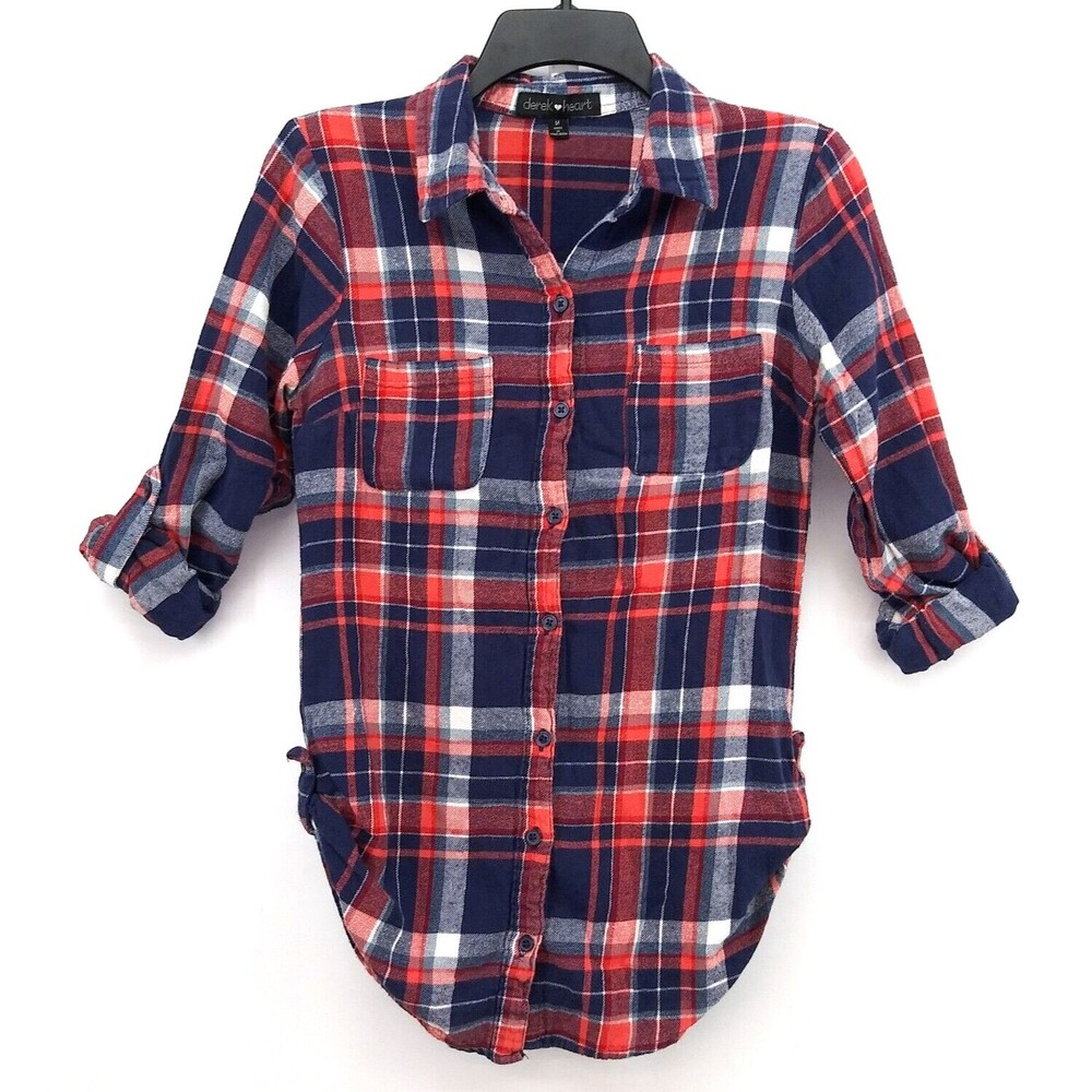 Derek Heart Shirt Women Juniors M Red Plaid Long Sleeve Roll Tab Flannel Top